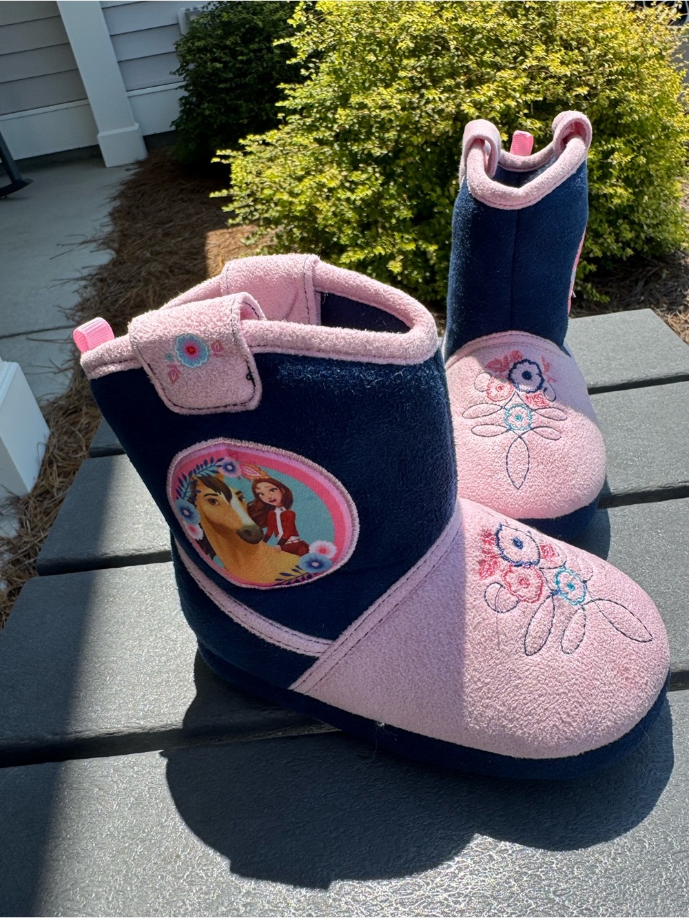Kids Pink and Navy One-Piece Slipper Boots with Lucky and Spirit Patch
